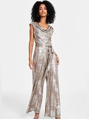 NWOT Connected Apparel Metallic Silver Cowl-Neck Wide-Leg Jumpsuit Size 8